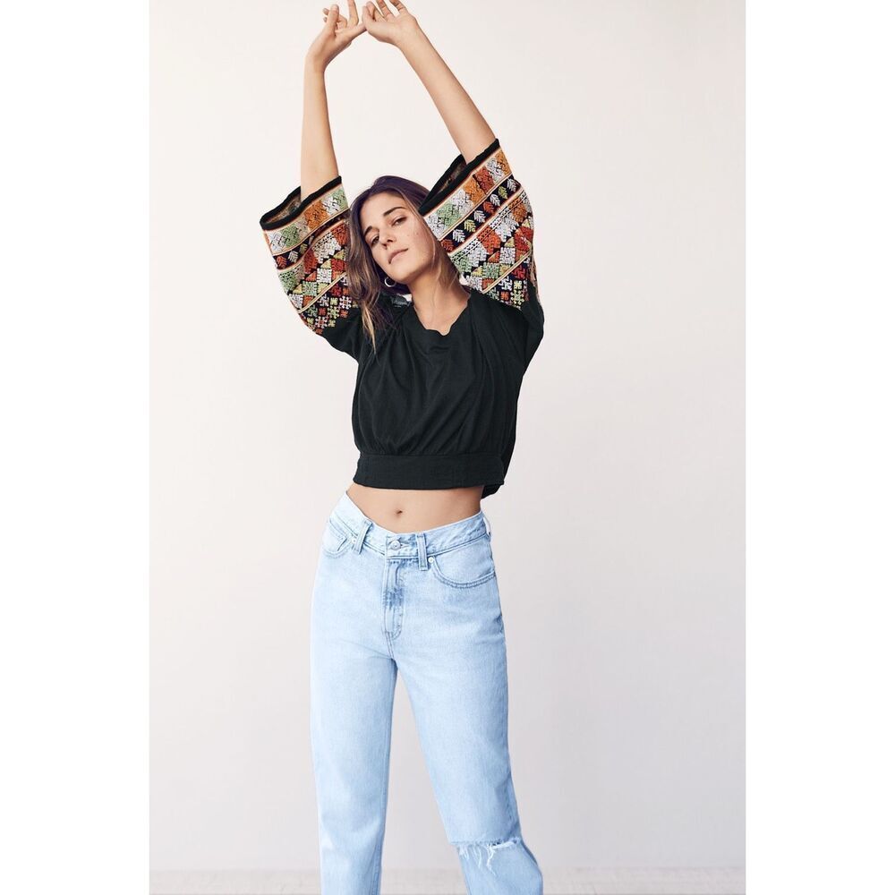 NEW Free People Top Black Cropped With Wide Embroidered Bell Sleeve Size L Boho